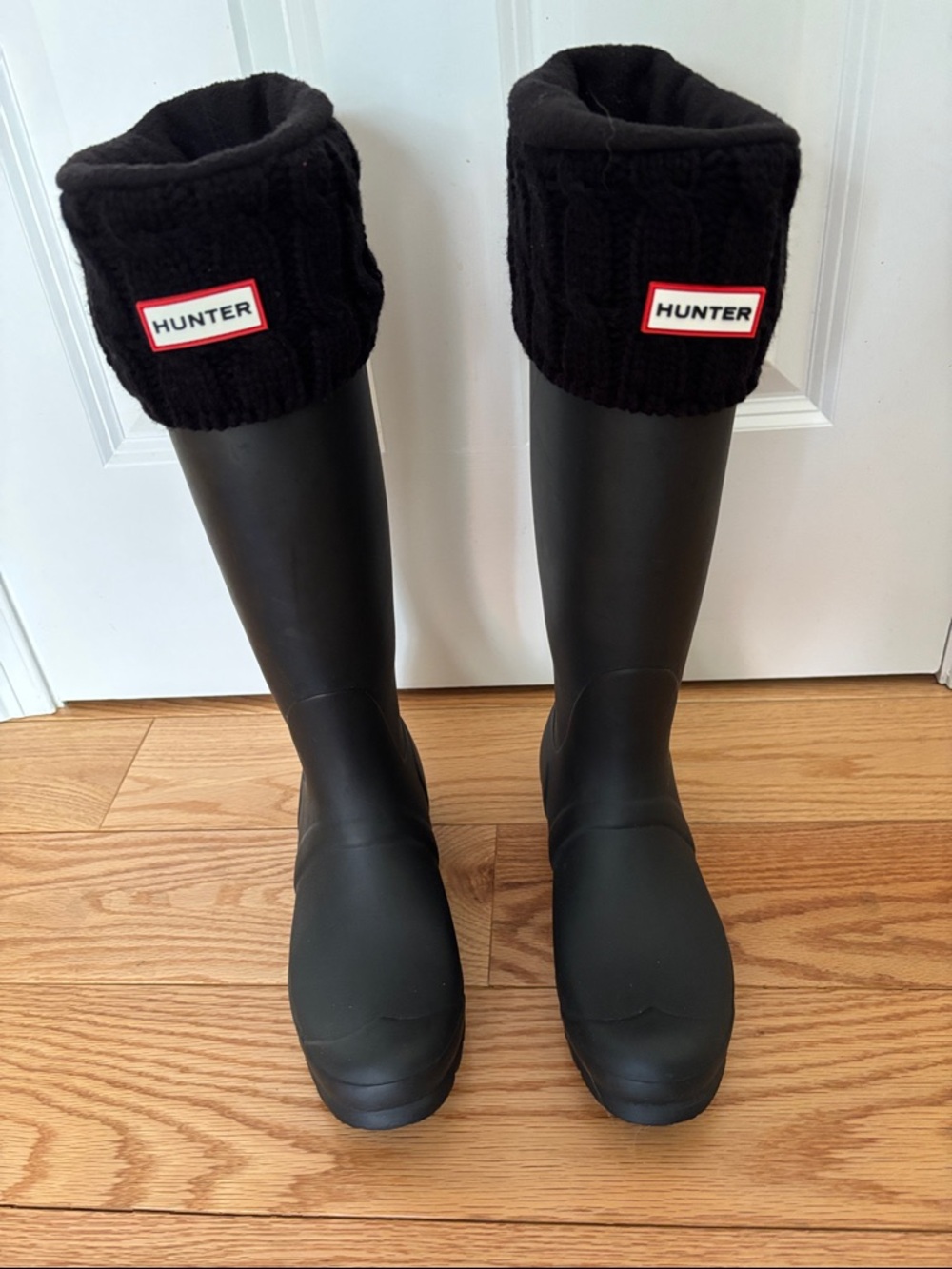 Hunter Black Tall Rubber Boots with Knit Fold-Over Cuffs